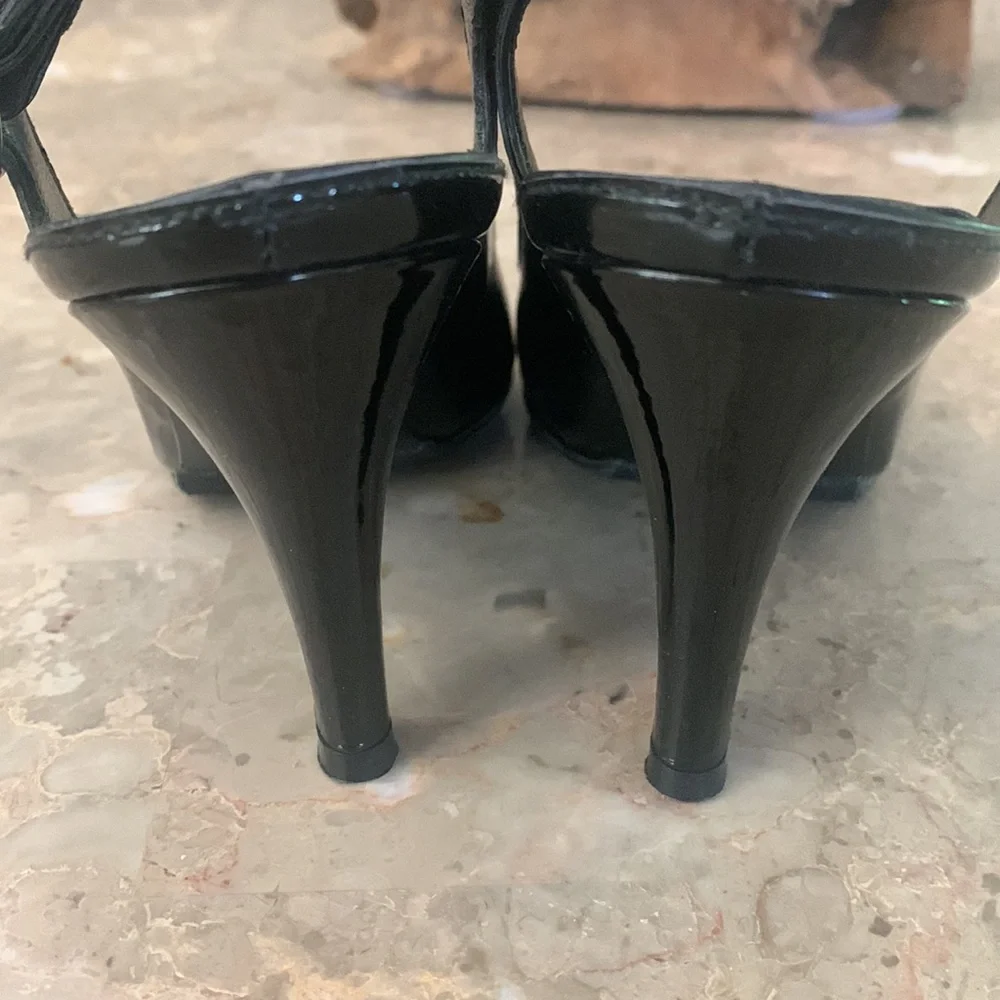 Delman Black Patent Leather Peep Toe Slingback Heels Size 6